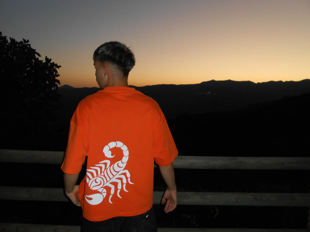 Hombre con camiseta naranja de escorpión blanco de espaldas al atardecer en la montaña